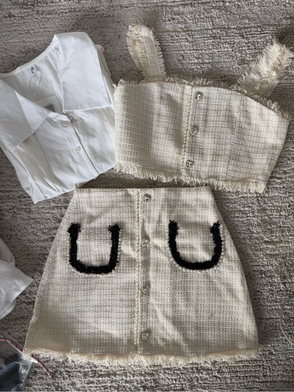 Cream Tweed Three-Piece Crop Top & Skirt Set